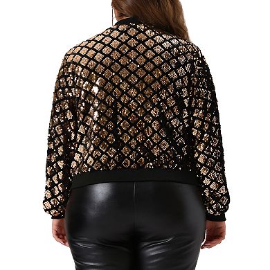Plus Size Sequin Jackets For Women Long Sleeve Metallic Party Crop Bomber Jacket