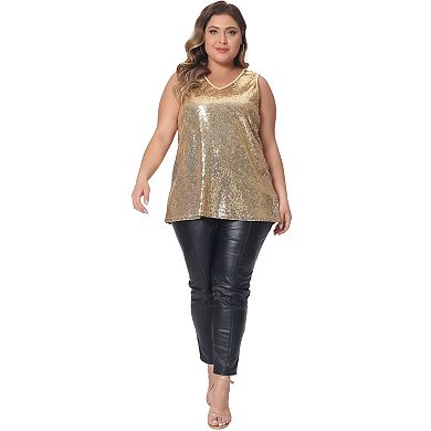Women's Plus Size Sleeveless Sparkle Shimmer Glitter Sequin V Neck Tank Tops