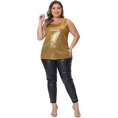 Women's Plus Size Shiny Metallic Tank Top Shirt Round Neck Sleeveless Tee Blouse