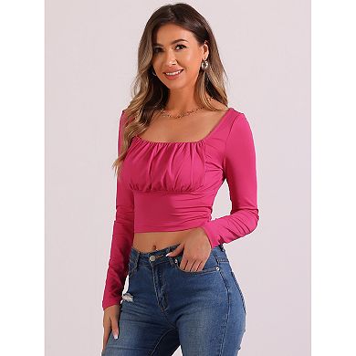 Square Neck Crop Top For Women's Casual Ruched Long Sleeve Solid Fitted Cropped Blouse
