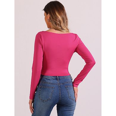 Square Neck Crop Top For Women's Casual Ruched Long Sleeve Solid Fitted Cropped Blouse