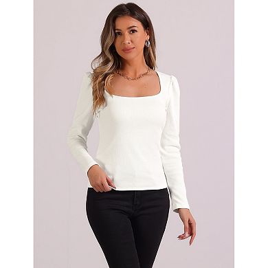 Square Neck Top For Women's Long Sleeves Ribbed Knit Casual Basic Tops