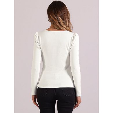 Square Neck Top For Women's Long Sleeves Ribbed Knit Casual Basic Tops