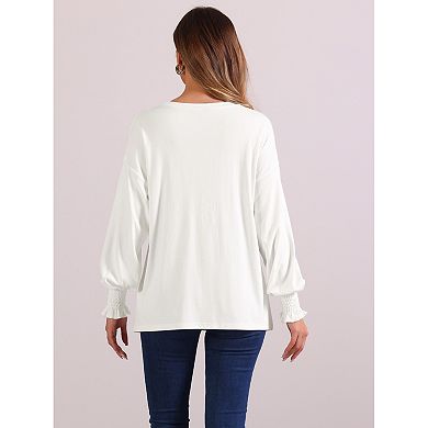 Long Sleeve Plain Tops For Women Casual Loose Fit Smocked Cuffs Long Sleeve T-shirts Blouses