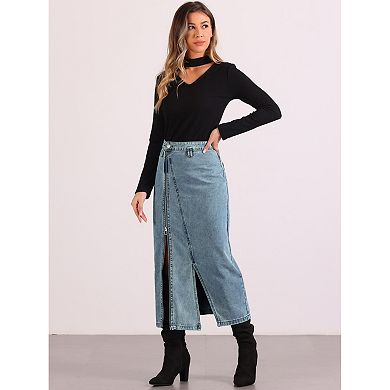 Jean Skirt With Pockets For Women's Denim Zipper Front Split Long Skirts