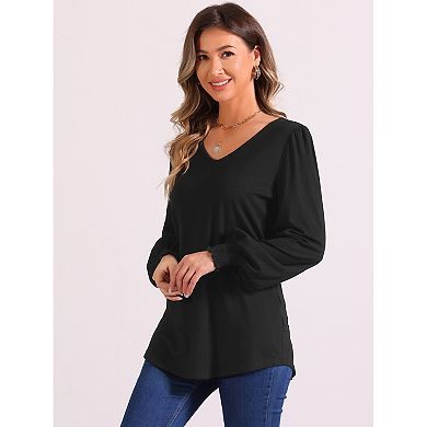 V Neck Blouse For Women's Puffy Long Sleeve Smocked Cuff Casual Top