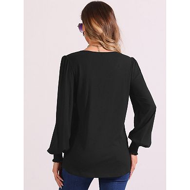 V Neck Blouse For Women's Puffy Long Sleeve Smocked Cuff Casual Top