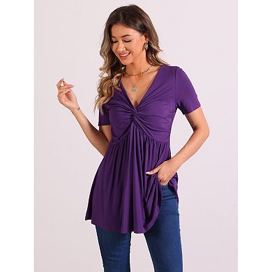 Women's Summer Front Knotted V Neck Blouse Short Sleeve Oversized Tunic Tops Solid Pullover T Shirt