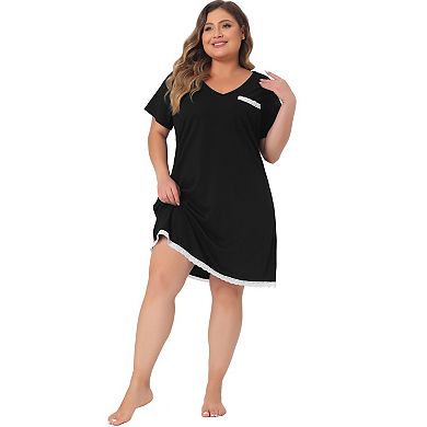 Women's Plus Size Nightgown Lace Trim Short Sleeve Sleepwear Pajama Nightshirt