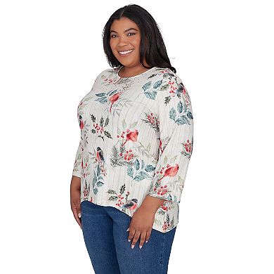 Plus Size Alfred Dunner Crew Neck Birds & Holly Leaf Top