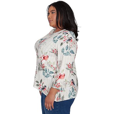 Plus Size Alfred Dunner Crew Neck Birds & Holly Leaf Top