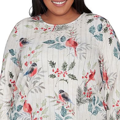 Plus Size Alfred Dunner Crew Neck Birds & Holly Leaf Top