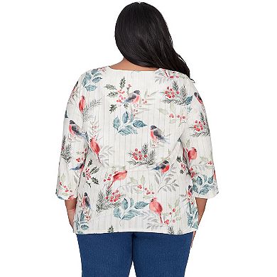 Plus Size Alfred Dunner Crew Neck Birds & Holly Leaf Top