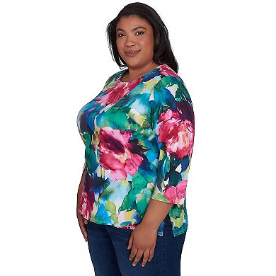 Plus Size Alfred Dunner Watercolor Floral Embellished Neck Top