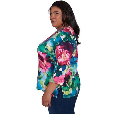 Plus Size Alfred Dunner Watercolor Floral Embellished Neck Top