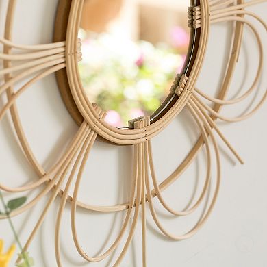Decorative Flower Woven Rattan Wood Round Modern Hanging Wall Mirror