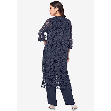 Roaman's Women's Plus Size Three-piece Lace Duster & Pant Suit