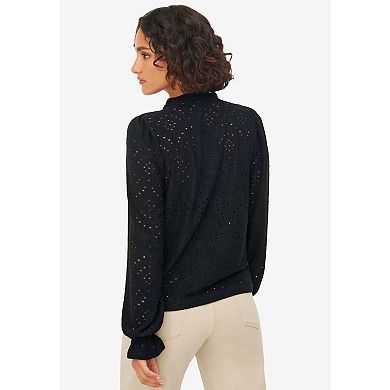 Ellos Women's Plus Size Long Sleeve Knit Eyelet Top With Keyhole Neckline