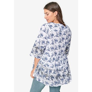 Ellos Women's Plus Size Tiered Floral 3/4 Sleeve Tunic