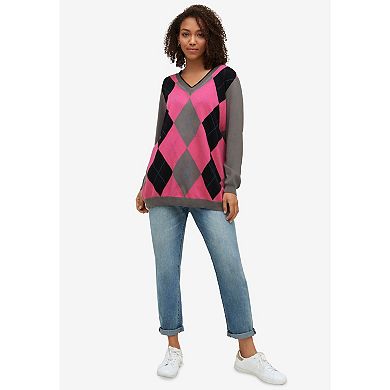 Ellos Women's Plus Size V-neck Argyle Sweater