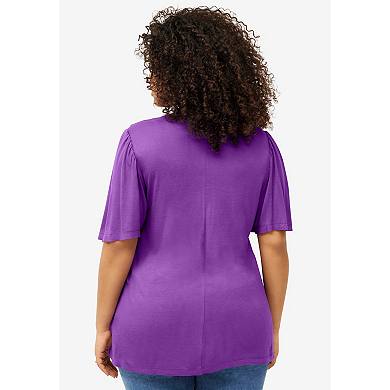 Ellos Women's Plus Size Ruffle Neckline Flutter Sleeve Tunic