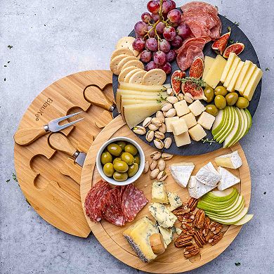 Round Bamboo Cheese Board with Knife Set and Removable Slate - 12 inch Swiveling Charcuterie Board