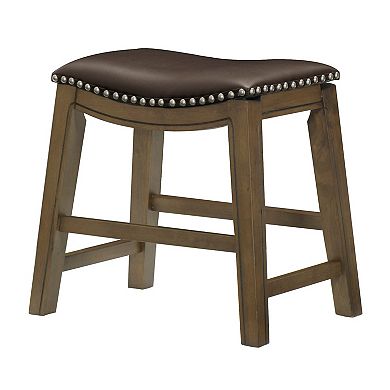Miel 20 Inch Dining Stool, Brown Faux Leather, Brown Solid Wood, Nailheads