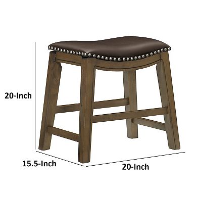 Miel 20 Inch Dining Stool, Brown Faux Leather, Brown Solid Wood, Nailheads