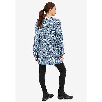 Ellos Women's Plus Size Inverted Pleat Textured Knit Tunic With Blouson Sleeves