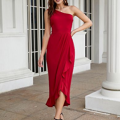 Womens Casual Summer Sleeveless Bow One Shoulder Ruched High Split Bodycon Maxi Dress