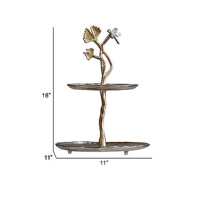 16 Inch Elegant Accent Table, 2 Tier Aluminum Cherry Blossom, Gold, Silver