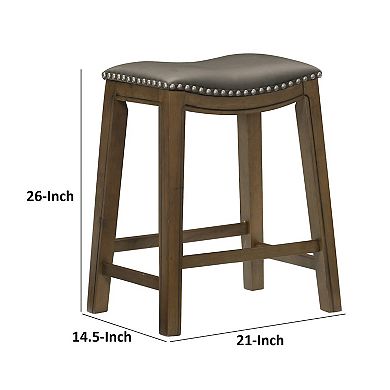 Miel 26 Inch Counter Height Stool, Gray Faux Leather Seat, Brown Solid Wood