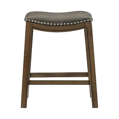 Miel 26 Inch Counter Height Stool, Gray Faux Leather Seat, Brown Solid Wood
