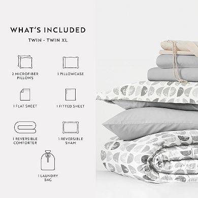 Campus Dorm Bundle, Patterned Comforter Set, Solid Sheet Set, Pillows And Laundry Bag (TWIN XL)