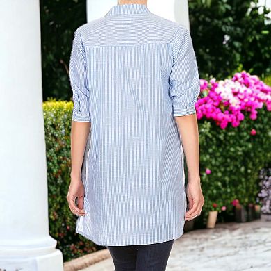 Women's Casual Woven Chambray Half Button Up Long Stripe Shirt