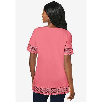 Jessica London Women's Plus Size Stretch Cotton Crochet Trim Tunic