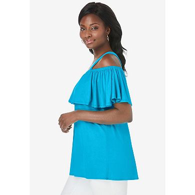 Jessica London Women's Plus Size Stretch Knit Cold Shoulder Ruffle Tunic