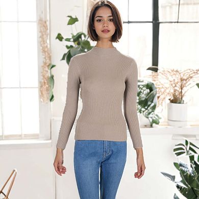 Women's Knit Mock Turtle Neck Wool Stretch Long Sleeve Pullover Sweater