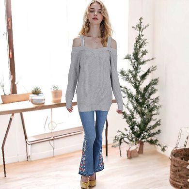 Women's Long Sleeve Cold Shoulder Knit Pullover Sweater