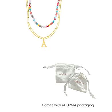 Adornia Gold Tone Adjustable Layered Color Simulated Stone Beads & Paperclip Chain Initial Necklace