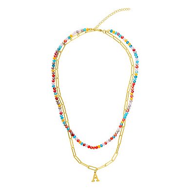 Adornia Gold Tone Adjustable Layered Color Simulated Stone Beads & Paperclip Chain Initial Necklace