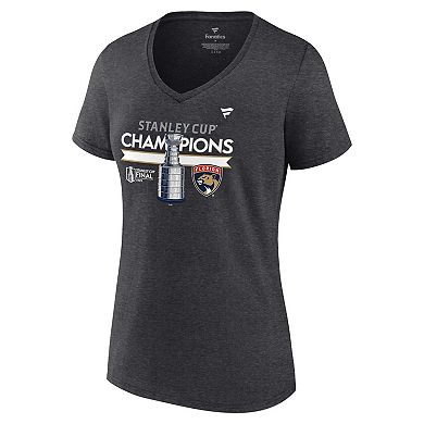 Women's Fanatics  Heather Charcoal Florida Panthers 2024 Stanley Cup Champions Locker Room V-Neck T-Shirt