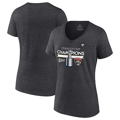 Women's Fanatics  Heather Charcoal Florida Panthers 2024 Stanley Cup Champions Locker Room V-Neck T-Shirt