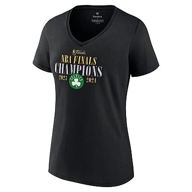 Women's Fanatics Black Boston Celtics 2024 NBA Finals Champions Fade Away Jumper Roster Signature V-Neck T-Shirt
