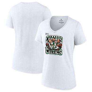 Women's Fanatics White Boston Celtics 2024 NBA Finals Champions Pull Up Jumper Caricature V-Neck T-Shirt