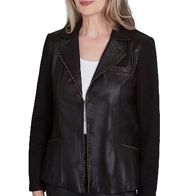 Women's Alfred Dunner Open Front Faux Leather Jacket with Knit Sleeves