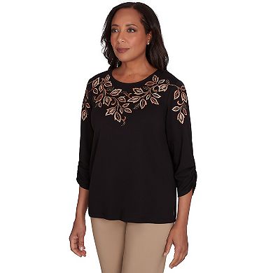 Women's Alfred Dunner Leaf Embroidered Sweater Top with Ruched Sleeves