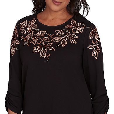 Women's Alfred Dunner Leaf Embroidered Sweater Top with Ruched Sleeves