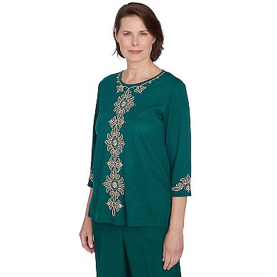 Women's Alfred Dunner Center Medallion Embroidered Three Quarter Sleeve Top