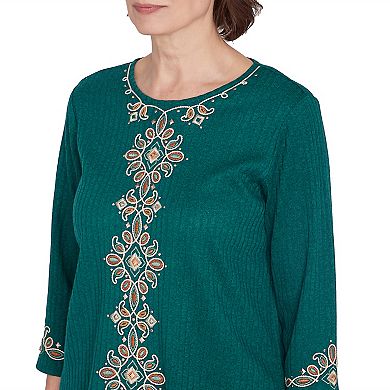 Women's Alfred Dunner Center Medallion Embroidered Three Quarter Sleeve Top